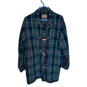 Vtg Lizwear Womens Plaid Toggle Coat Jacket Green Navy Large Cotton Ranch Work
